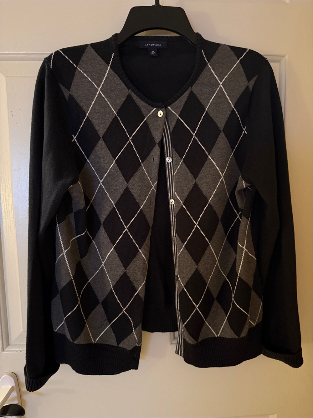 Lands' End Black and Gray Argyle Women's Cardigan